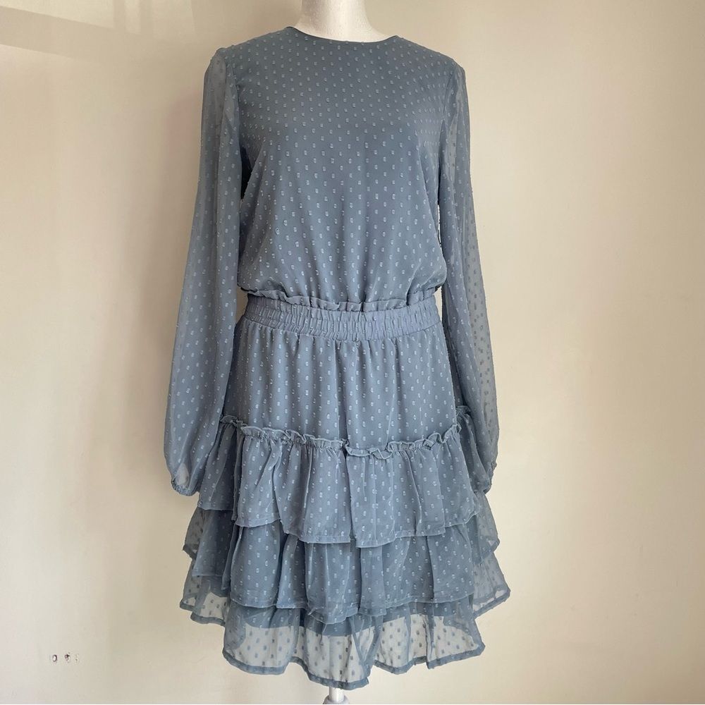 Express Clip Polka Dot Tiered Smocked Waist Dress Blue Dusk Women’s Size XS